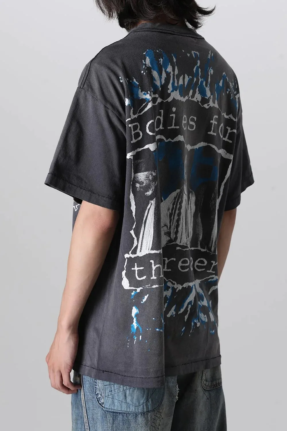 SAINT MICHAEL SS TEE/B FOR REAPER Jesus Hell's Angels Washed and Distressed Short Sleeves Washed Black S-XL Garment Dyed Printed Washed and Distressed